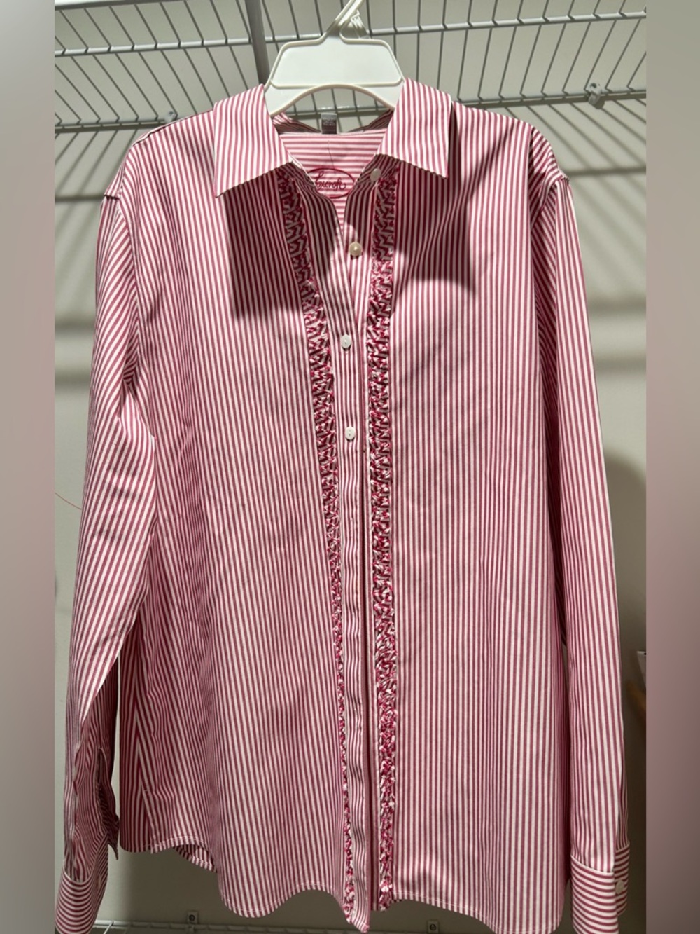 Foxcroft Women’s Red/White Striped Button-Down No Iron shirt NWOT 16